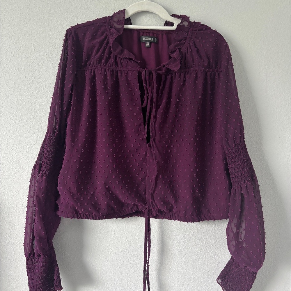 Missguided + Purple Long Sleeve Tie Front Blouse